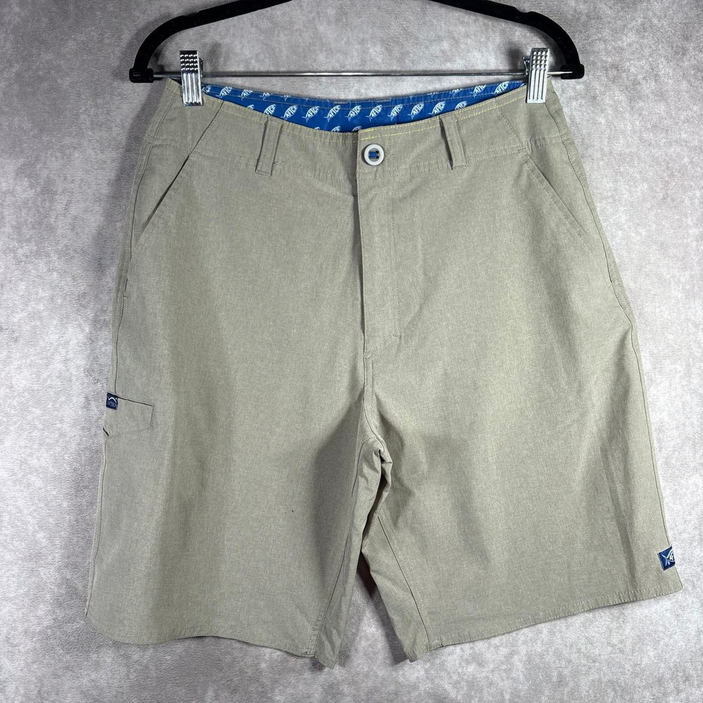 AFTCO Fishing Shorts Mens Size 28 Khaki Stealth Performance Stretch Cargo Pocket